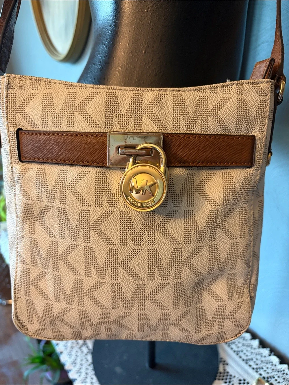 Michael Kors Beige MK Signature Crossbody with Brown Trim